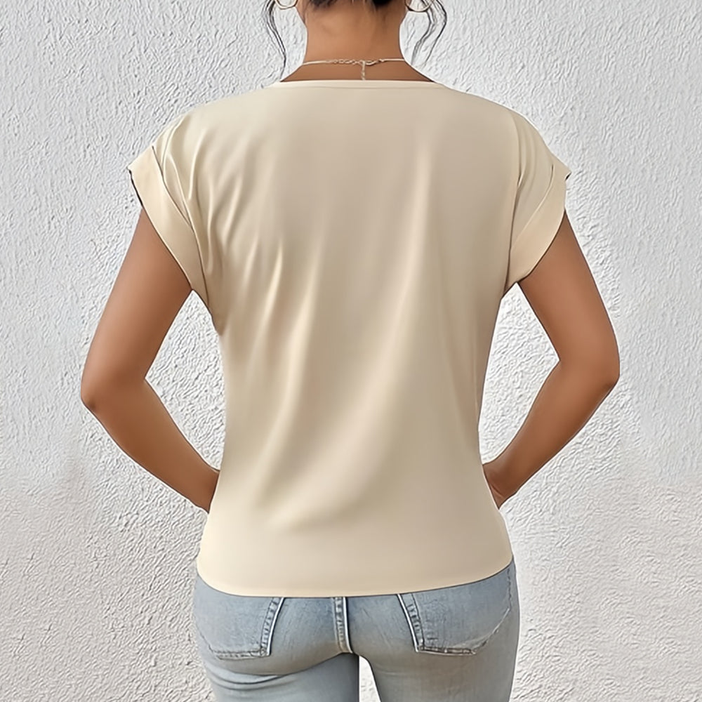 WW | Elegantes, einfarbiges T-Shirt mit V-Ausschnitt und gedrehtem Saum für Damen