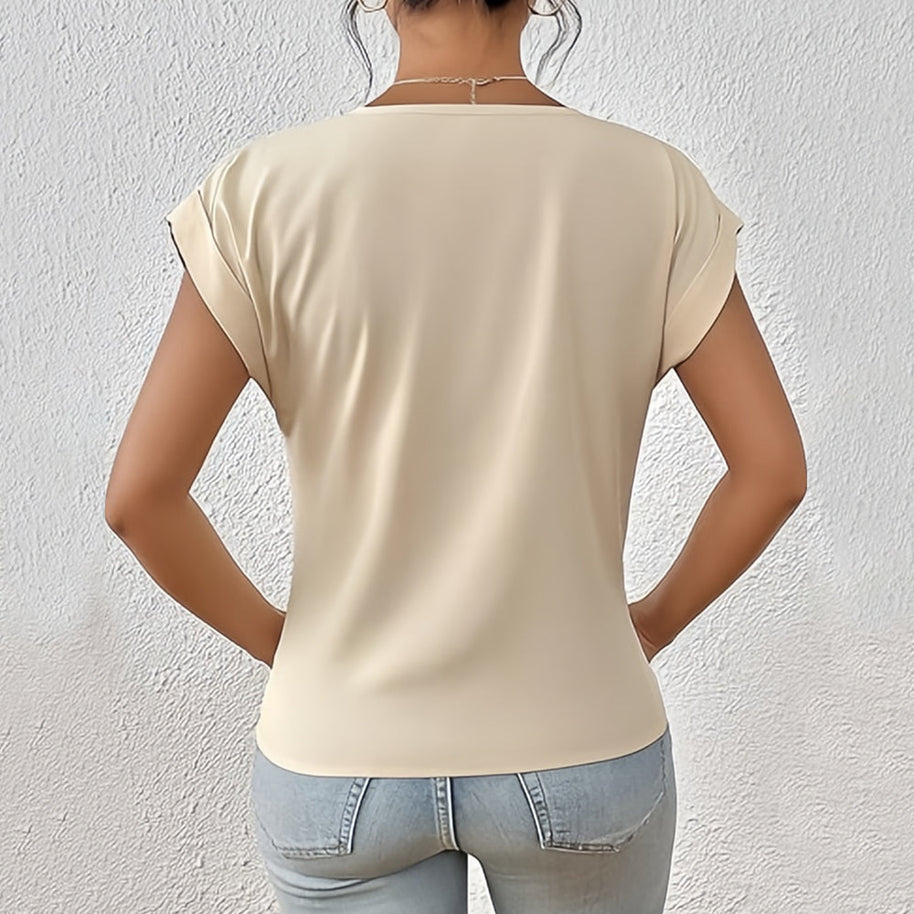 WW | Elegantes, einfarbiges T-Shirt mit V-Ausschnitt und gedrehtem Saum für Damen