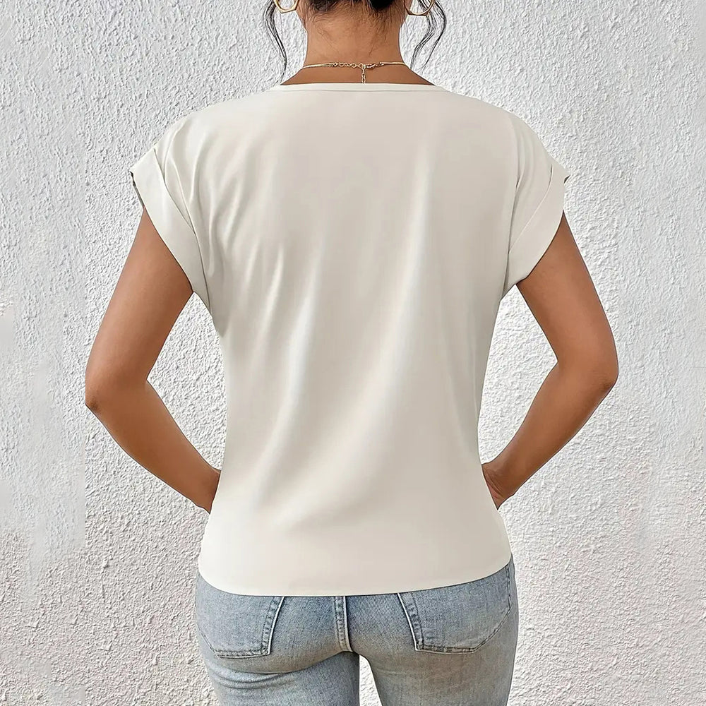 WW | Elegantes, einfarbiges T-Shirt mit V-Ausschnitt und gedrehtem Saum für Damen