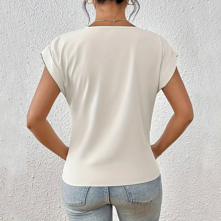 WW | Elegantes, einfarbiges T-Shirt mit V-Ausschnitt und gedrehtem Saum für Damen