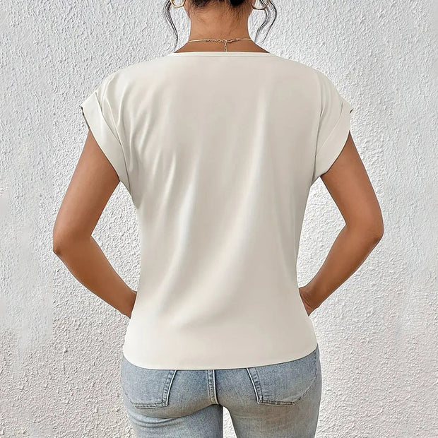 WW | Elegantes, einfarbiges T-Shirt mit V-Ausschnitt und gedrehtem Saum für Damen