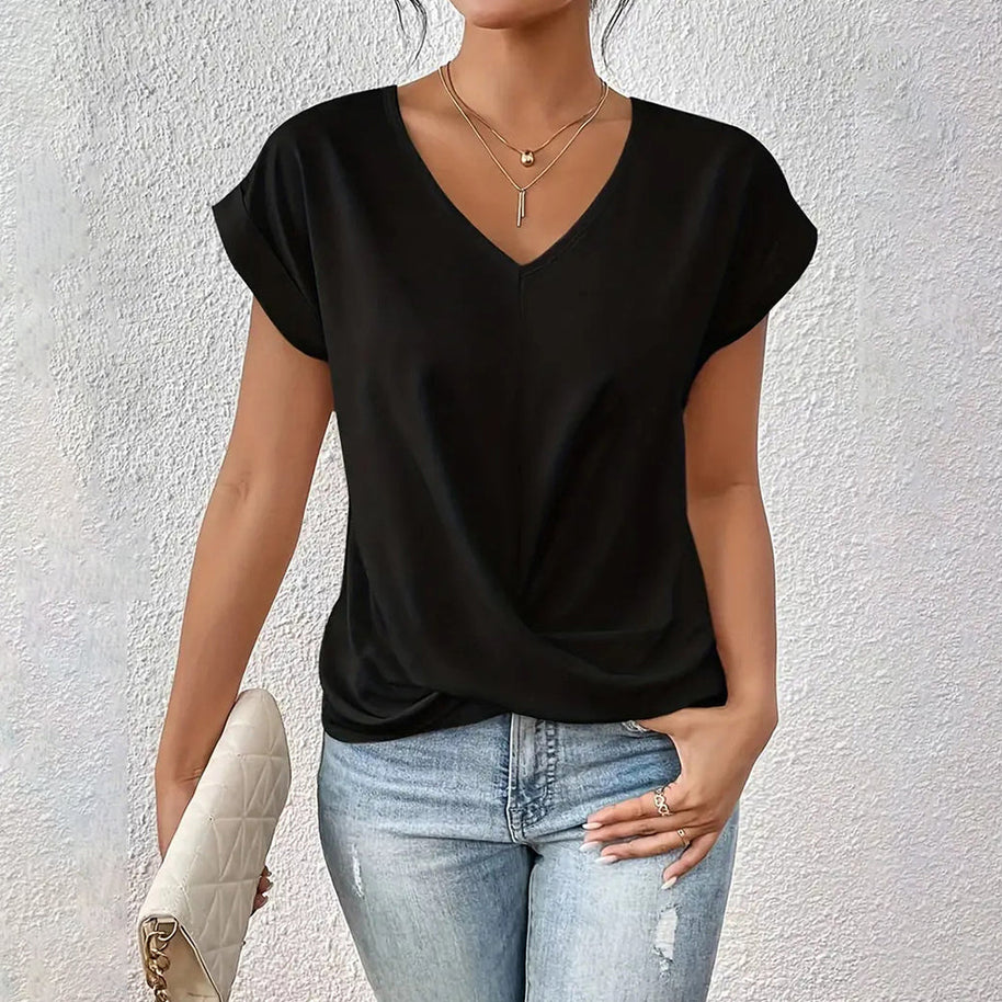 WW | Elegantes, einfarbiges T-Shirt mit V-Ausschnitt und gedrehtem Saum für Damen