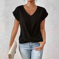 WW | Elegantes, einfarbiges T-Shirt mit V-Ausschnitt und gedrehtem Saum für Damen
