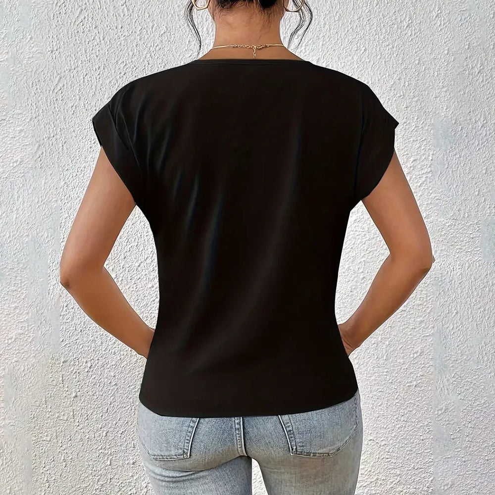 WW | Elegantes, einfarbiges T-Shirt mit V-Ausschnitt und gedrehtem Saum für Damen