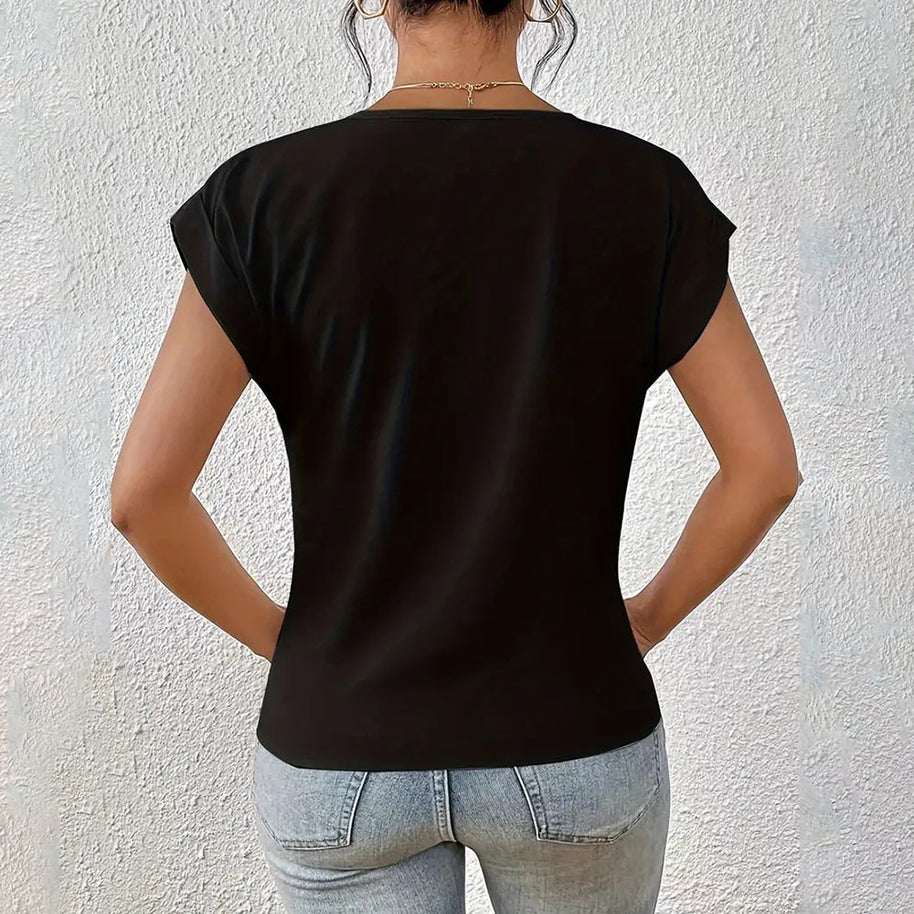 WW | Elegantes, einfarbiges T-Shirt mit V-Ausschnitt und gedrehtem Saum für Damen