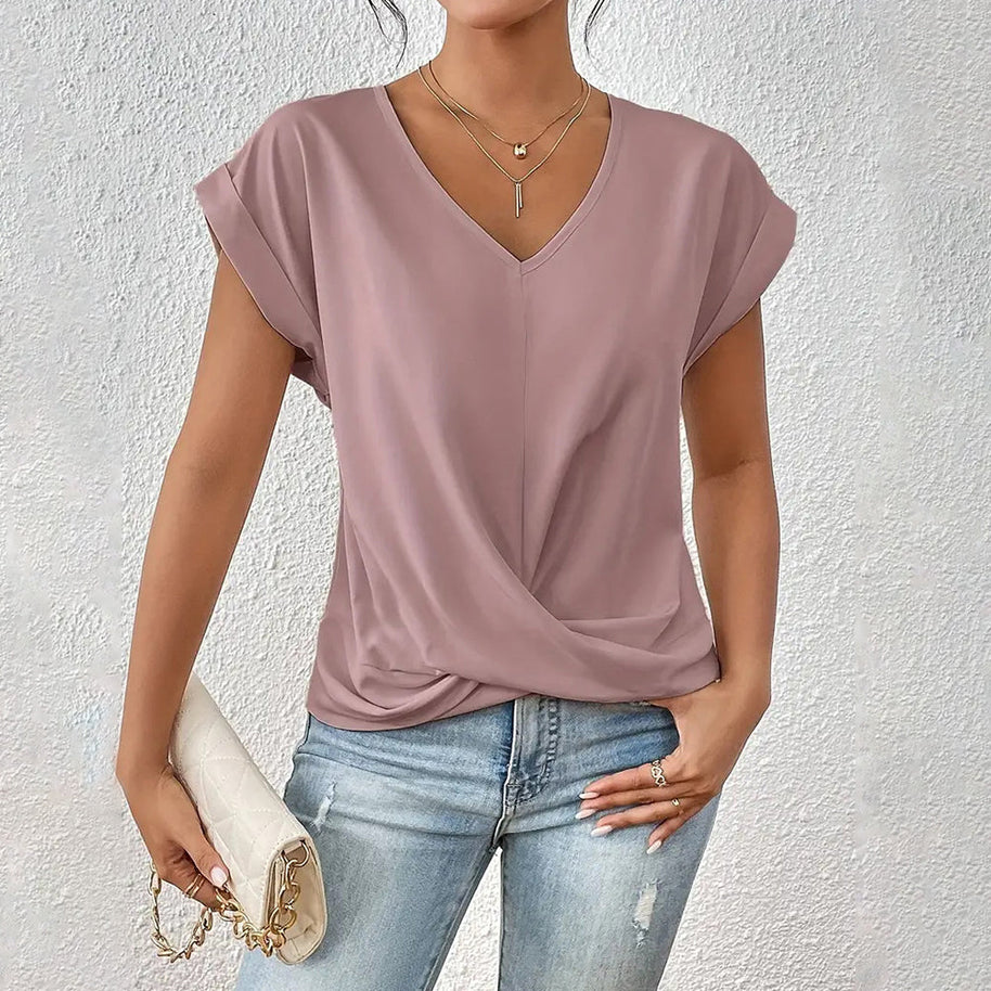 WW | Elegantes, einfarbiges T-Shirt mit V-Ausschnitt und gedrehtem Saum für Damen
