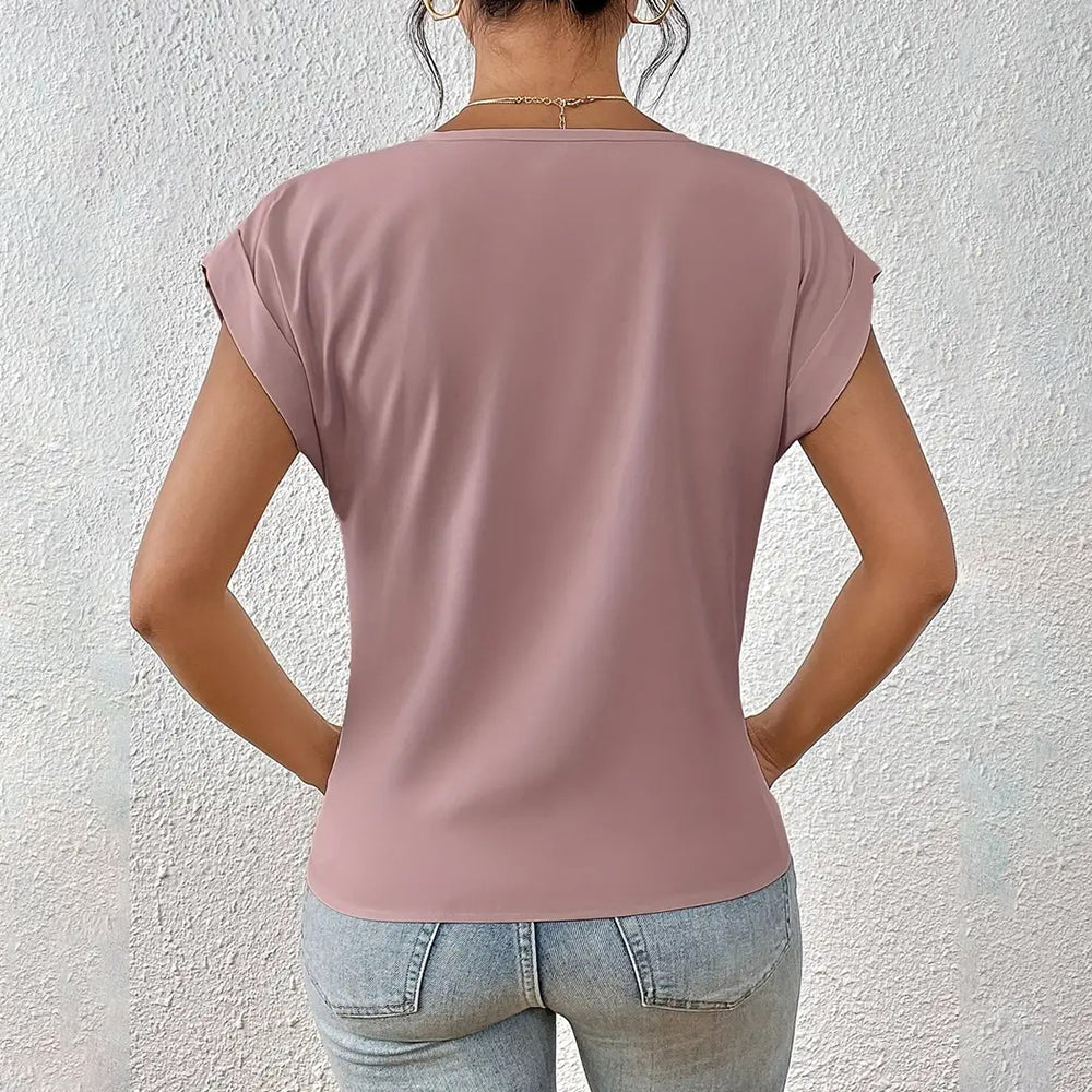WW | Elegantes, einfarbiges T-Shirt mit V-Ausschnitt und gedrehtem Saum für Damen