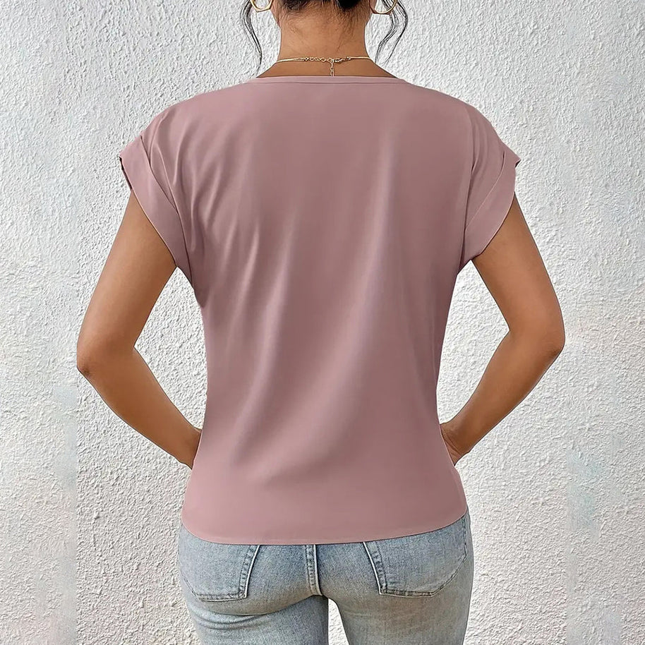 WW | Elegantes, einfarbiges T-Shirt mit V-Ausschnitt und gedrehtem Saum für Damen