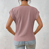 WW | Elegantes, einfarbiges T-Shirt mit V-Ausschnitt und gedrehtem Saum für Damen