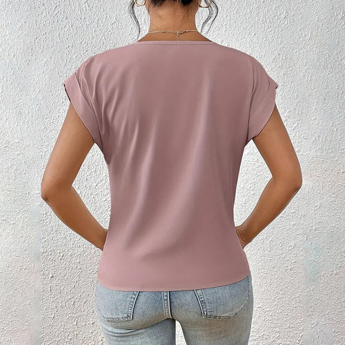W&W Mode | Elegantes, einfarbiges T-Shirt mit V-Ausschnitt und gedrehtem Saum für Damen