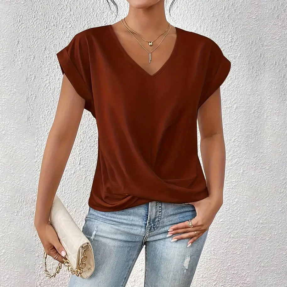 WW | Elegantes, einfarbiges T-Shirt mit V-Ausschnitt und gedrehtem Saum für Damen
