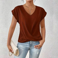 WW | Elegantes, einfarbiges T-Shirt mit V-Ausschnitt und gedrehtem Saum für Damen