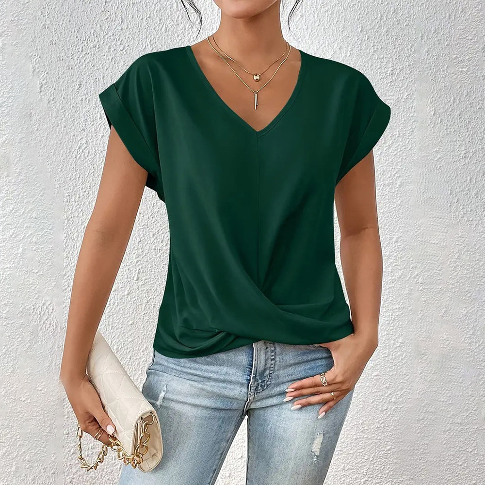 WW | Elegantes, einfarbiges T-Shirt mit V-Ausschnitt und gedrehtem Saum für Damen