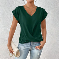 WW | Elegantes, einfarbiges T-Shirt mit V-Ausschnitt und gedrehtem Saum für Damen
