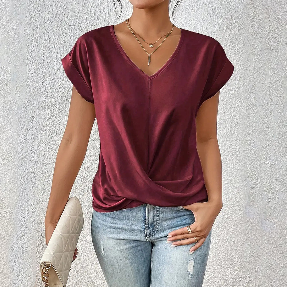 W&W Mode | Elegantes, einfarbiges T-Shirt mit V-Ausschnitt und gedrehtem Saum für Damen