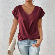 WW | Elegantes, einfarbiges T-Shirt mit V-Ausschnitt und gedrehtem Saum für Damen
