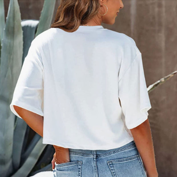 WW | Lässiges, einfarbiges, kurzes T-Shirt mit Rundhalsausschnitt für Damen