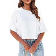 WW | Lässiges, einfarbiges, kurzes T-Shirt mit Rundhalsausschnitt für Damen
