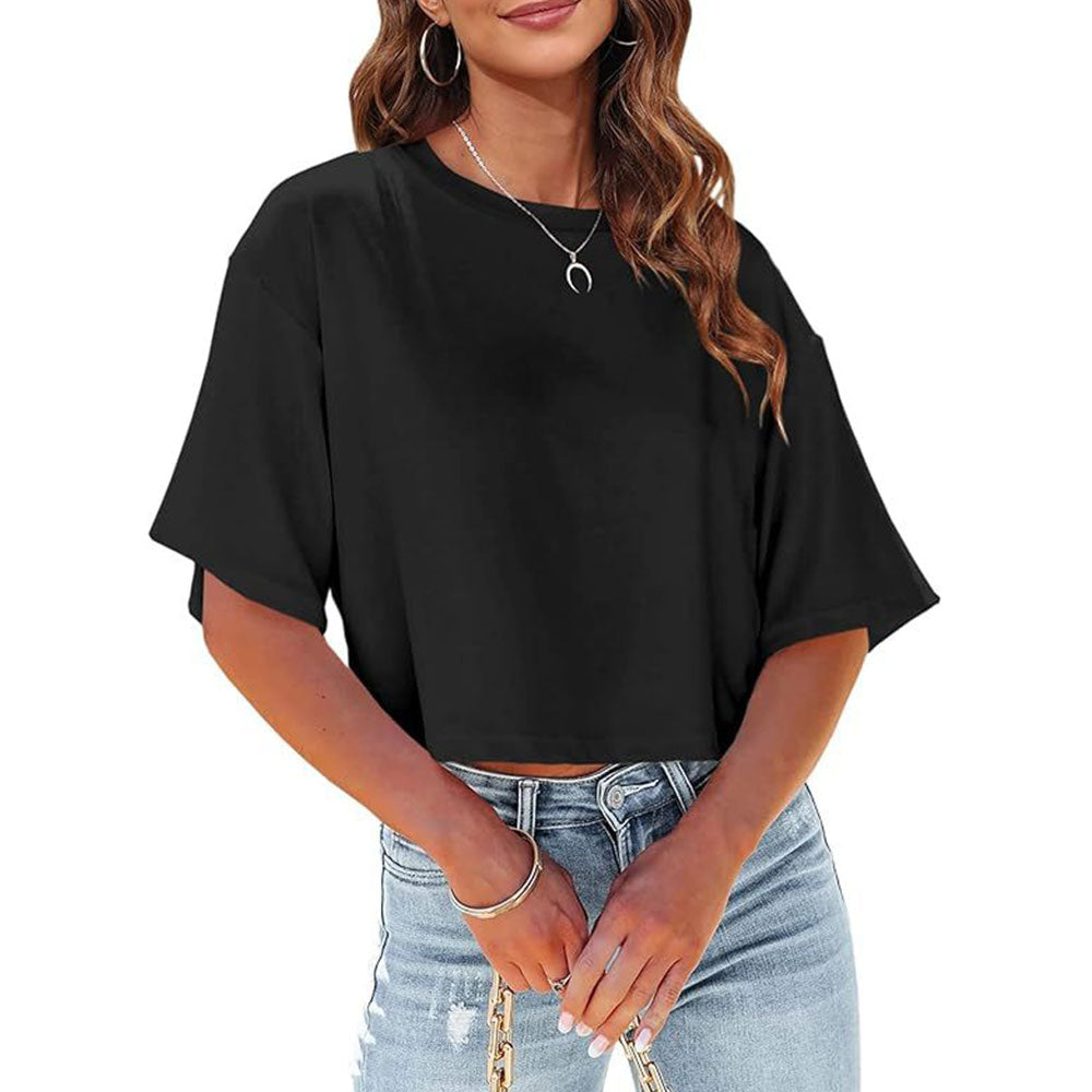 W&W Mode | Lässiges, einfarbiges, kurzes T-Shirt mit Rundhalsausschnitt für Damen