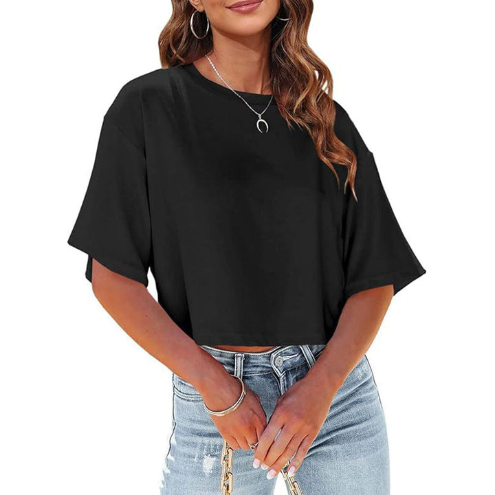 W&W Mode | Lässiges, einfarbiges, kurzes T-Shirt mit Rundhalsausschnitt für Damen