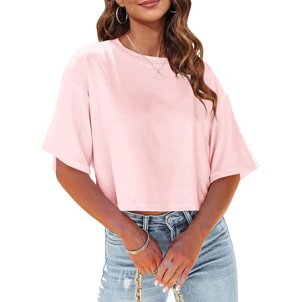 W&W Mode | Lässiges, einfarbiges, kurzes T-Shirt mit Rundhalsausschnitt für Damen