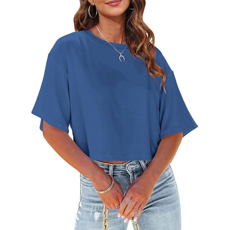 WW | Lässiges, einfarbiges, kurzes T-Shirt mit Rundhalsausschnitt für Damen
