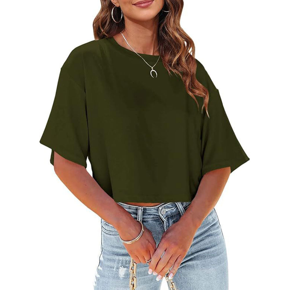 W&W Mode | Lässiges, einfarbiges, kurzes T-Shirt mit Rundhalsausschnitt für Damen