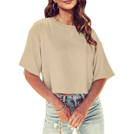 WW | Lässiges, einfarbiges, kurzes T-Shirt mit Rundhalsausschnitt für Damen