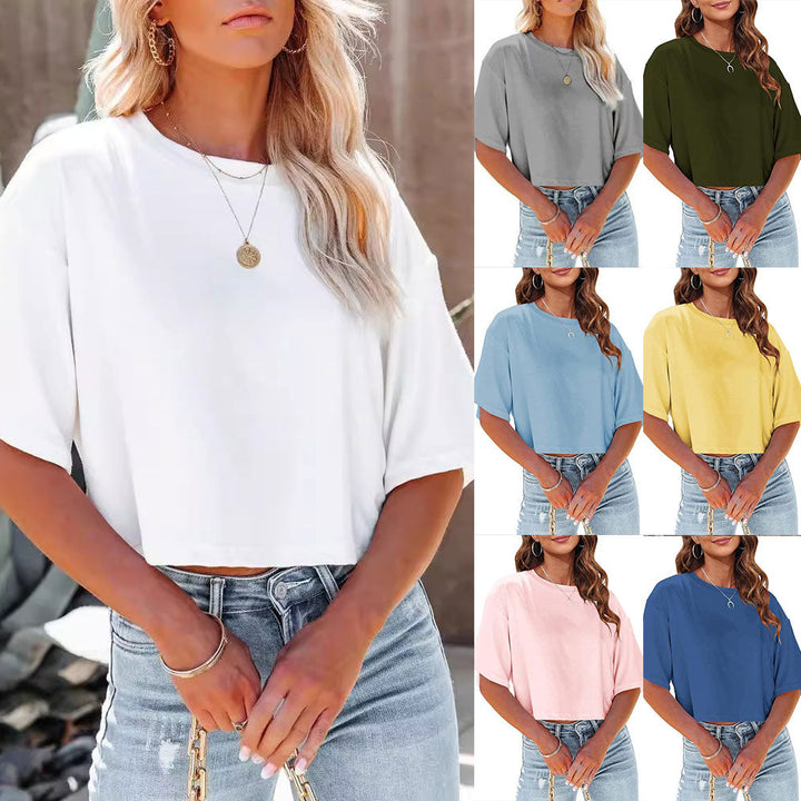 W&W Mode | Lässiges, einfarbiges, kurzes T-Shirt mit Rundhalsausschnitt für Damen