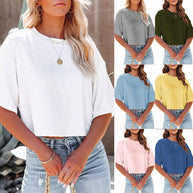 WW | Lässiges, einfarbiges, kurzes T-Shirt mit Rundhalsausschnitt für Damen