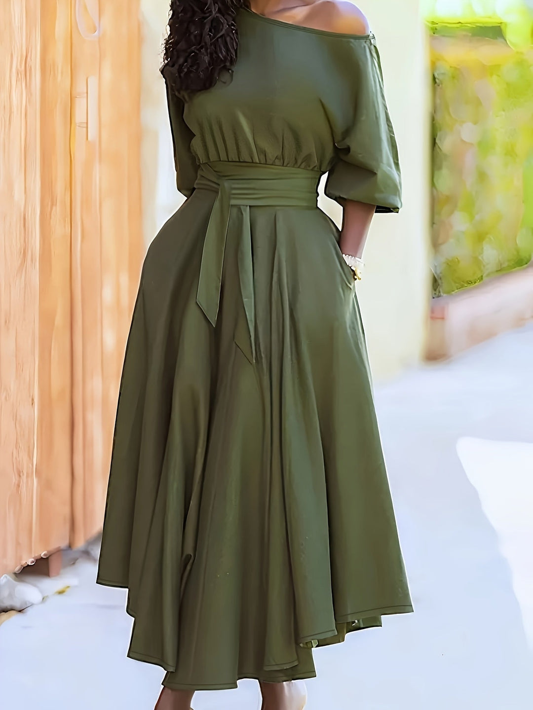 W&W Mode | Off Shoulder Midi Kleid Mit Gürtel Und Asymmetrischem Saum