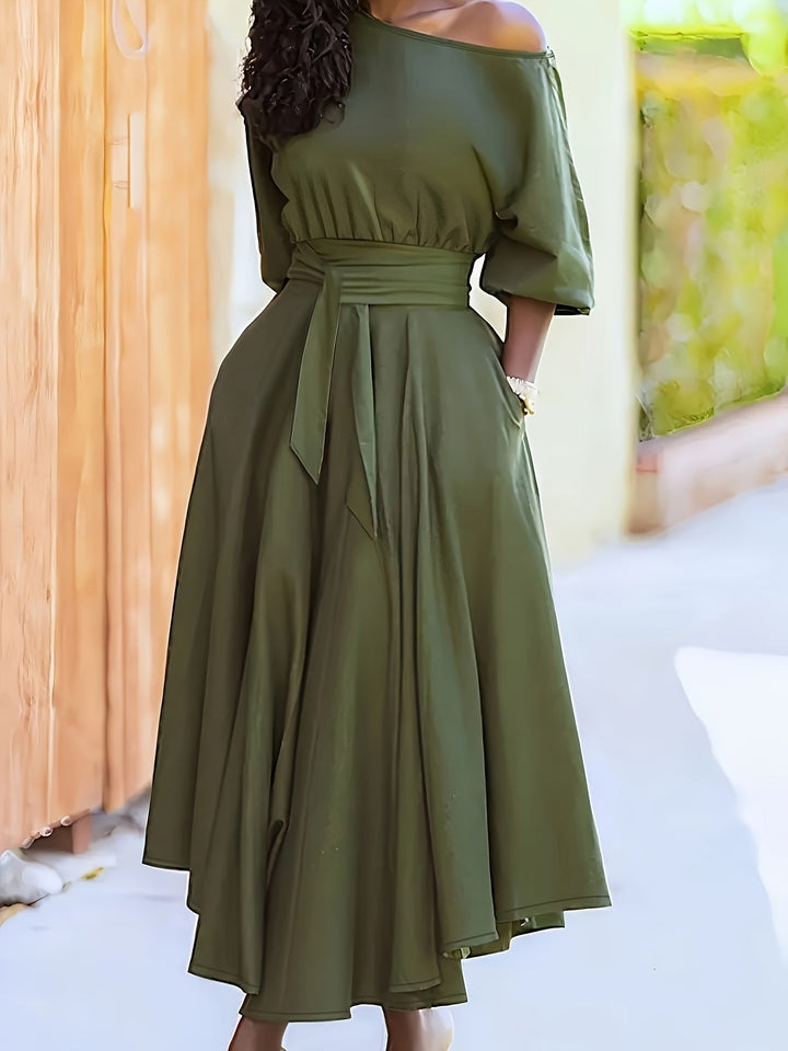 W&W Mode | Off Shoulder Midi Kleid Mit Gürtel Und Asymmetrischem Saum