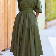 WW | Off Shoulder Midi Kleid Mit Gürtel Und Asymmetrischem Saum
