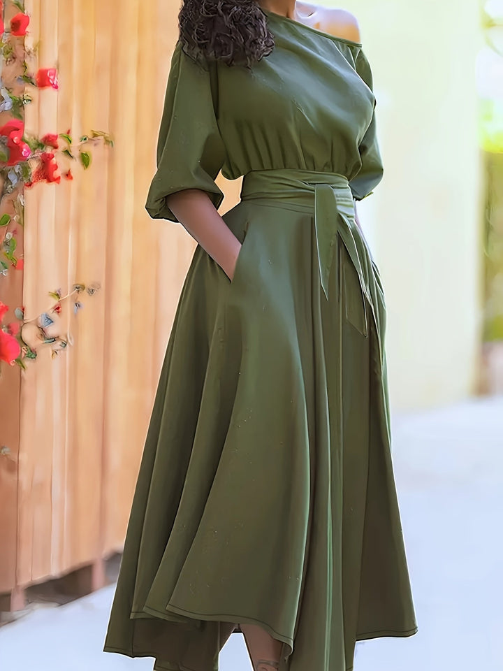 W&W Mode | Off Shoulder Midi Kleid Mit Gürtel Und Asymmetrischem Saum