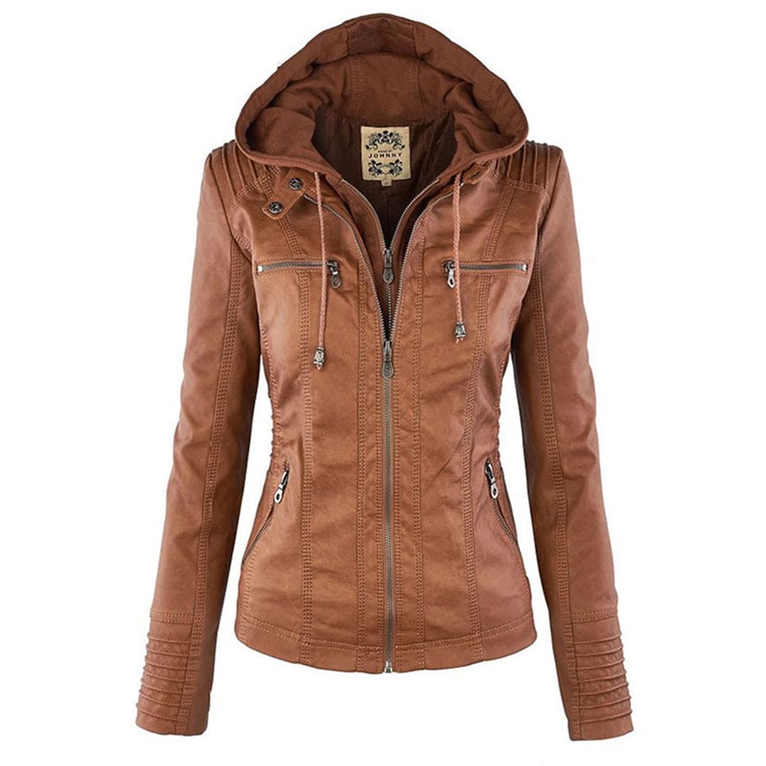 WW - Damen lässige Lederjacke mit Kapuze