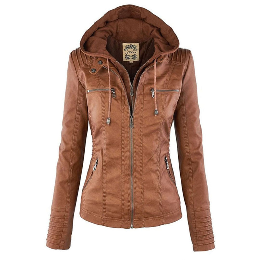 WW - Damen lässige Lederjacke mit Kapuze