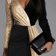 WW | Wickelkleid - elegantes schwarz-goldenes Damen Abendkleid
