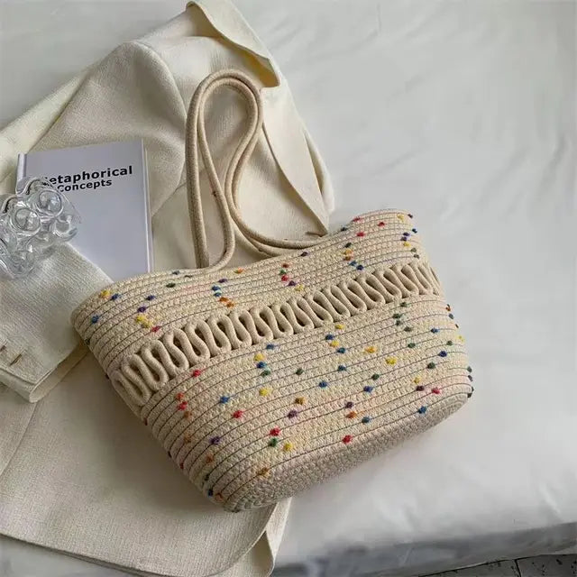 WW - Damen Schultertasche mit großer Kapazität handgefertigt aus Strick-Kit-Stoff und Stroh