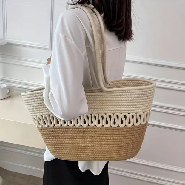 WW - Damen Schultertasche mit großer Kapazität handgefertigt aus Strick-Kit-Stoff und Stroh