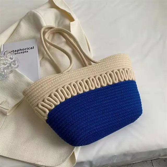 WW - Damen Schultertasche mit großer Kapazität handgefertigt aus Strick-Kit-Stoff und Stroh