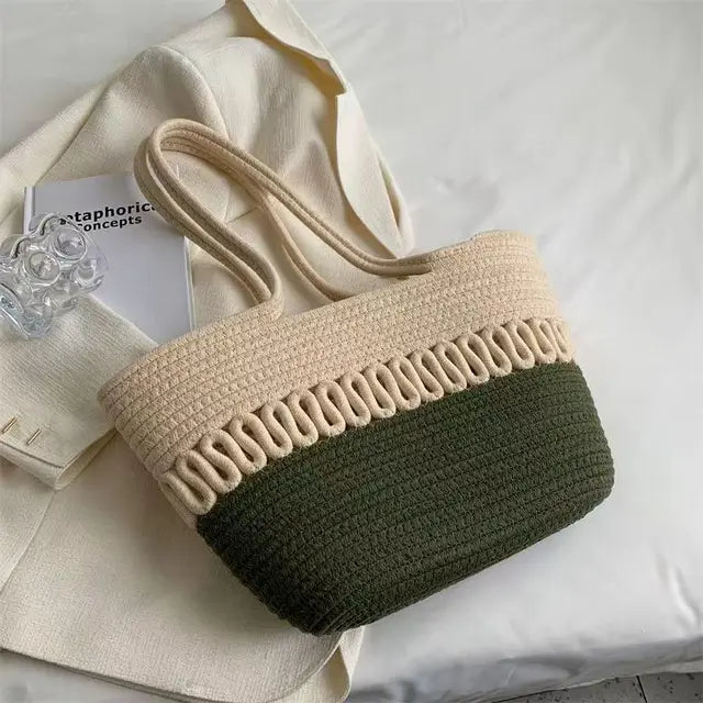 WW - Damen Schultertasche mit großer Kapazität handgefertigt aus Strick-Kit-Stoff und Stroh