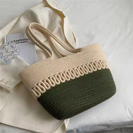 WW - Damen Schultertasche mit großer Kapazität handgefertigt aus Strick-Kit-Stoff und Stroh