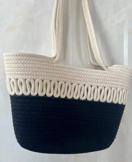 WW - Damen Schultertasche mit großer Kapazität handgefertigt aus Strick-Kit-Stoff und Stroh