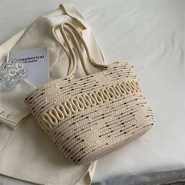 WW - Damen Schultertasche mit großer Kapazität handgefertigt aus Strick-Kit-Stoff und Stroh
