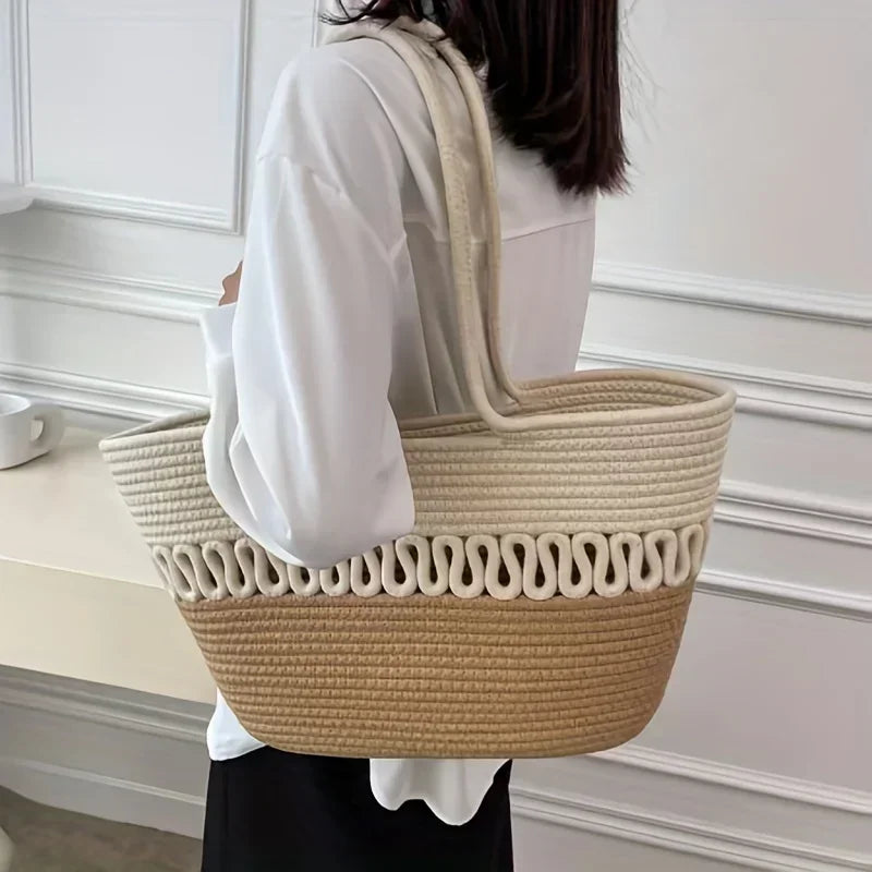 WW - Damen Schultertasche mit großer Kapazität handgefertigt aus Strick-Kit-Stoff und Stroh