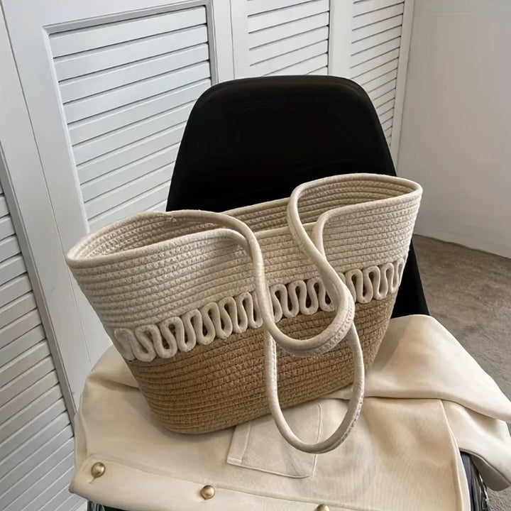 W&W Mode - Damen Schultertasche mit großer Kapazität handgefertigt aus Strick-Kit-Stoff und Stroh