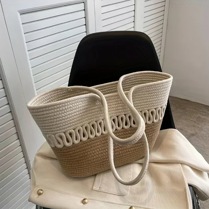 WW - Damen Schultertasche mit großer Kapazität handgefertigt aus Strick-Kit-Stoff und Stroh