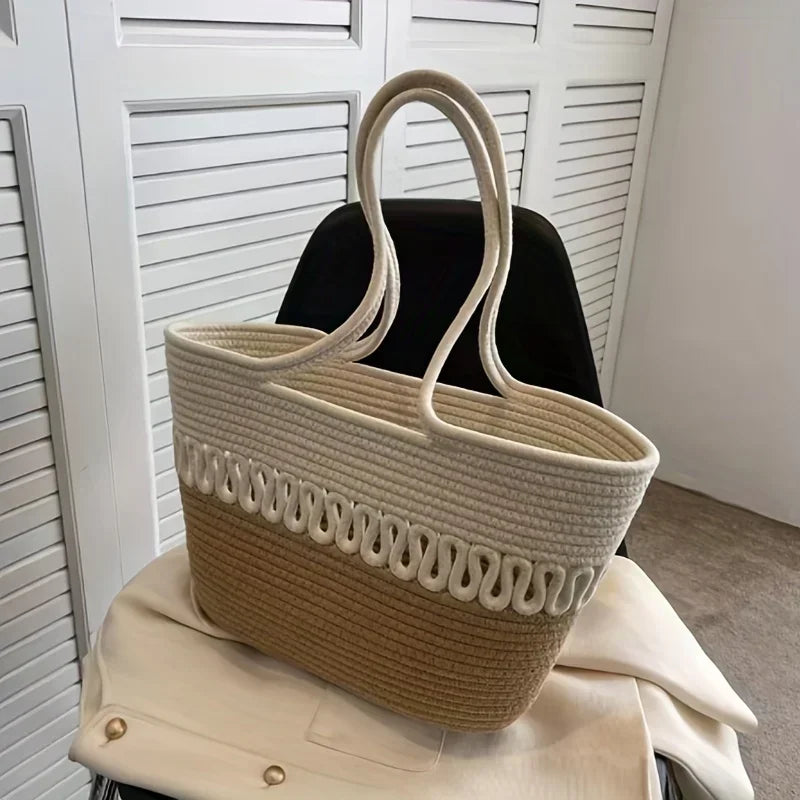 WW - Damen Schultertasche mit großer Kapazität handgefertigt aus Strick-Kit-Stoff und Stroh