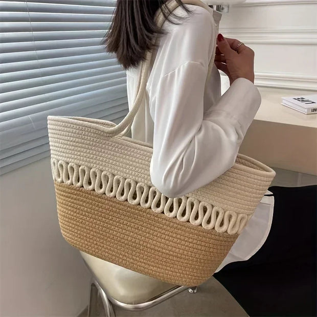 WW - Damen Schultertasche mit großer Kapazität handgefertigt aus Strick-Kit-Stoff und Stroh