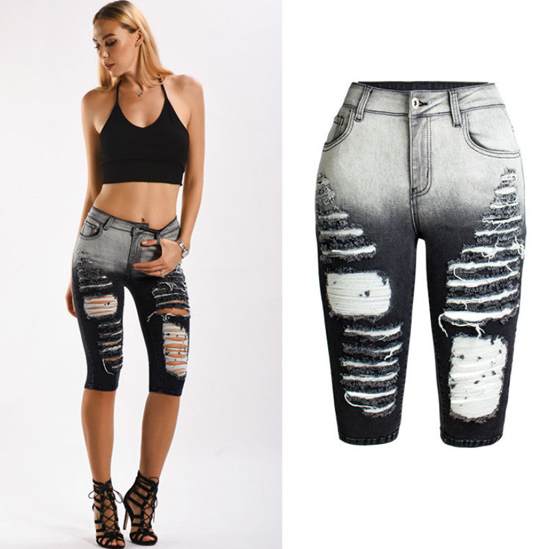 WW | Knielange Zerrissene Moto Jeans Shorts